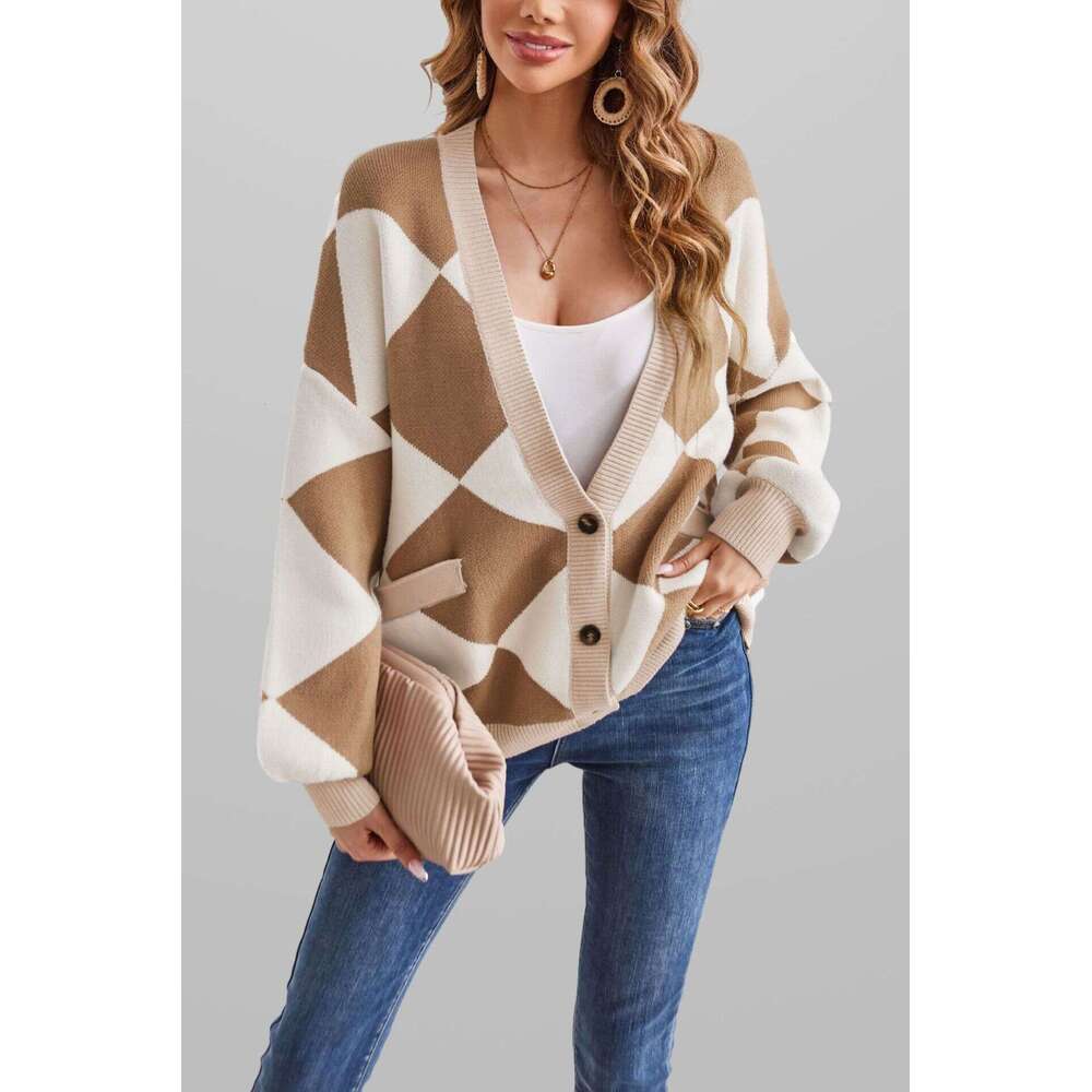 Autumn Winter Coat Sweater New V-Neck Diamond Stitching Color-Blocking Loose Knitted Cardigan For Women B5