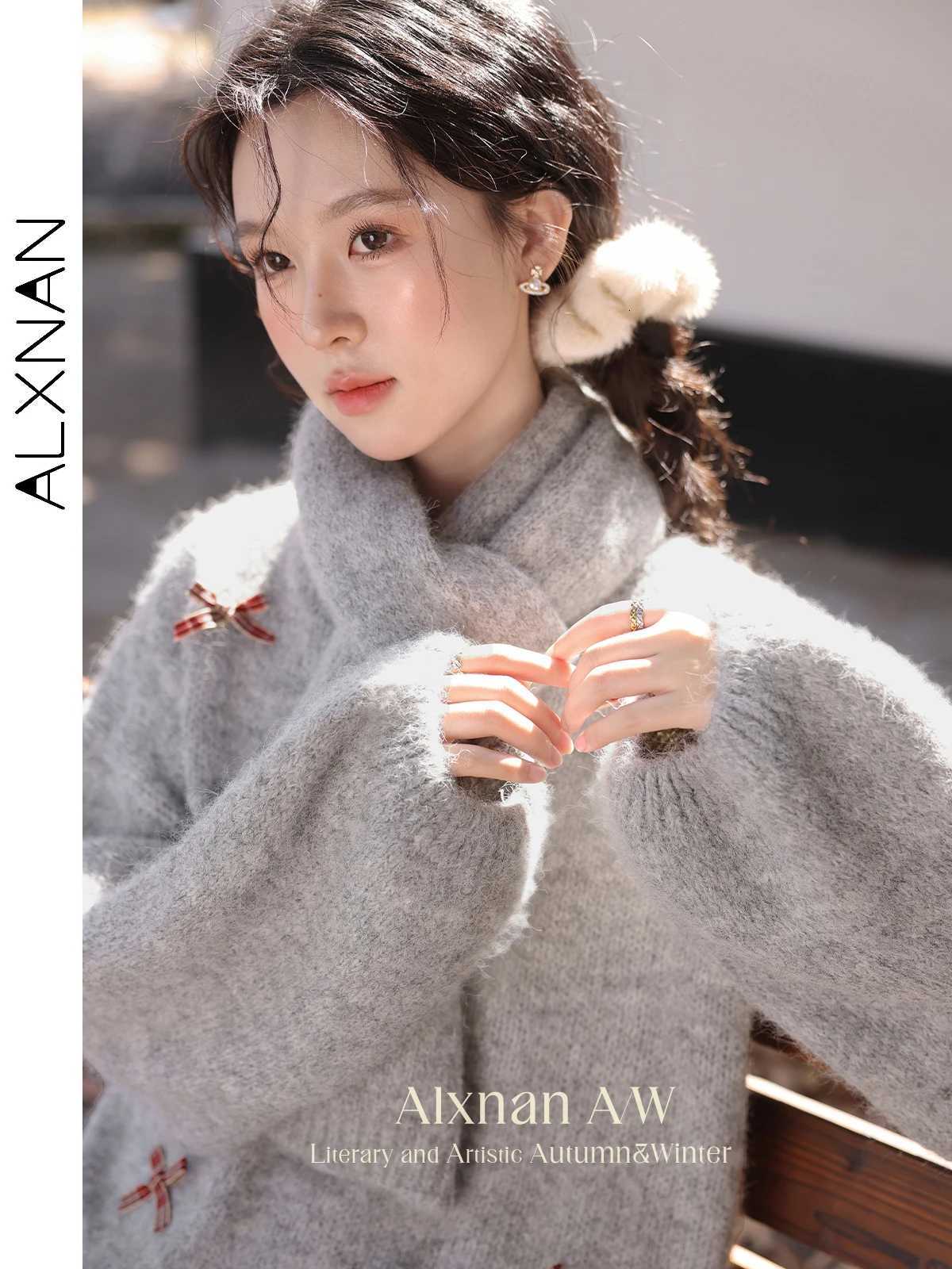 ALXNAN Women Gray Pullovers O-neck Plaid Bow Loose Knitted Lantern Long Sleeve Tops Women Winter Sweaters Fe Clothing L52690 XJ250819
