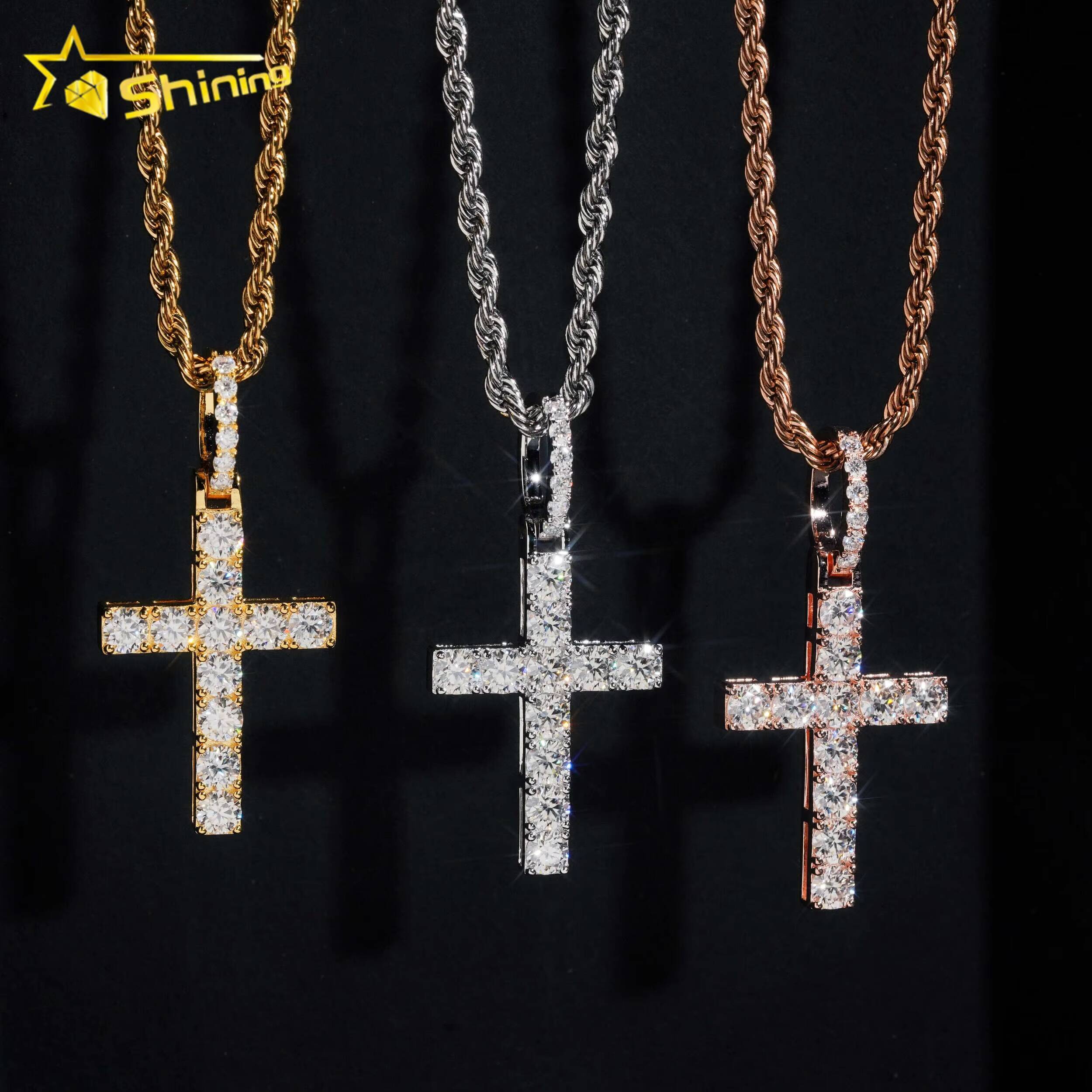 Fine Jewelry Ready to Ship 925 Sterling Silver Hip Hop Cross 4MM Diamond Moissanite Pendant