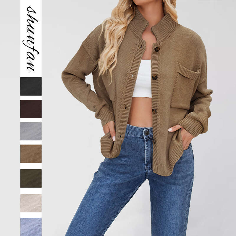 New Coat Knitted Stand Collar Plus Size Sweater Button Cardigan B5
