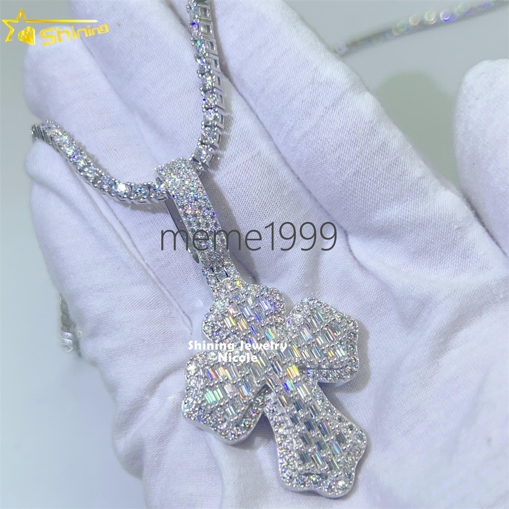 Fine Jewelry 925 Silver Baguette Diamond Cross Charms Moissanite Hip Hop Jewelry Mens Moissanite Pendant