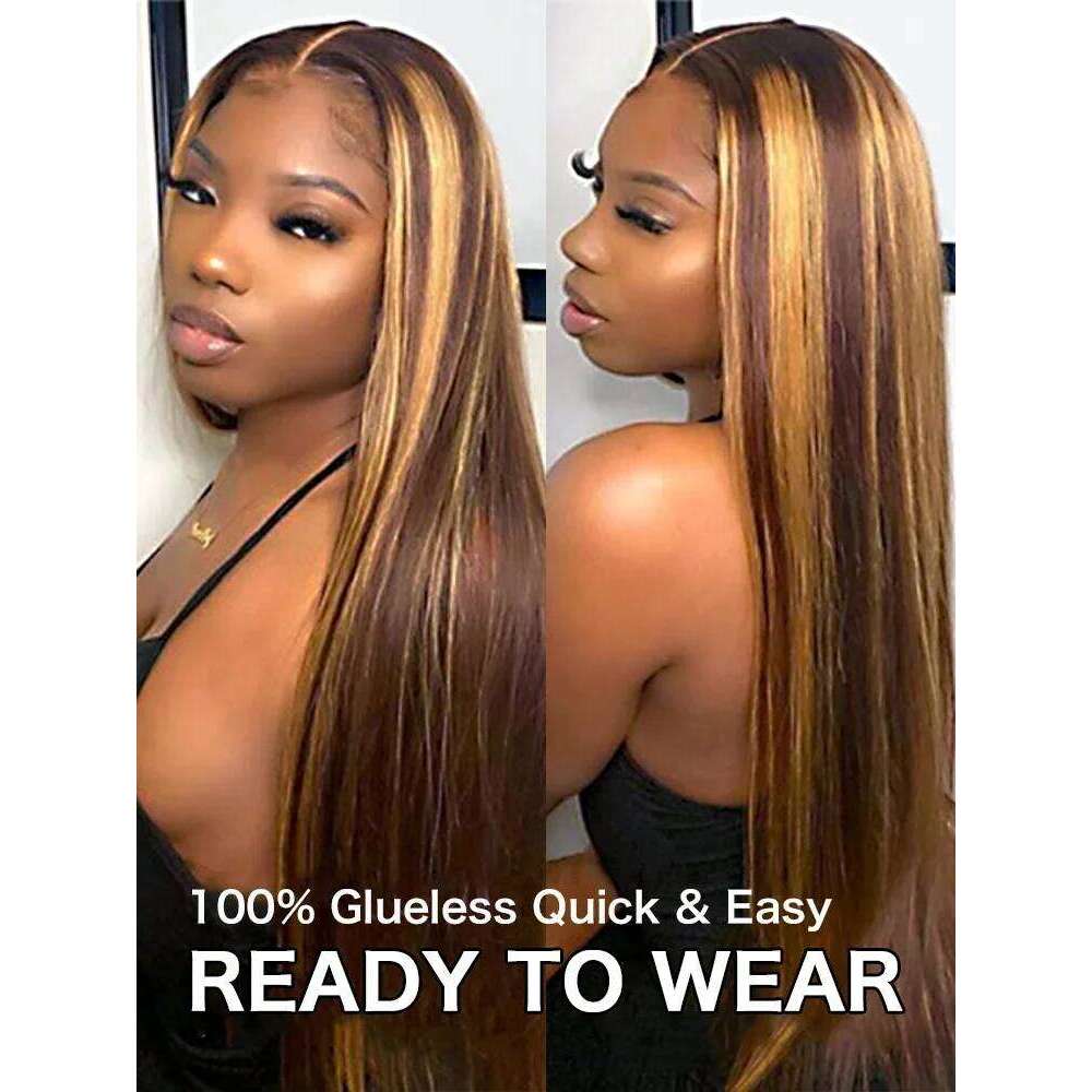Wear Go Glueless Honey Blonde Straight Front Human Hair Colored Highlight 13X6 HD Lace Frontal Wig 30 32 34 Inch