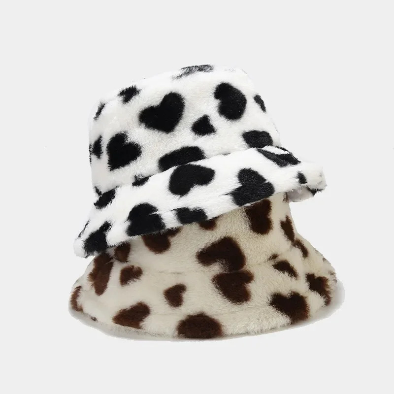 Winter Heart Print Faux Fur Fluffy Bucket Hat Women Outdoor Warm Hats Soft Velvet Furry Fisherman Caps Girl Fashion Panama 250819