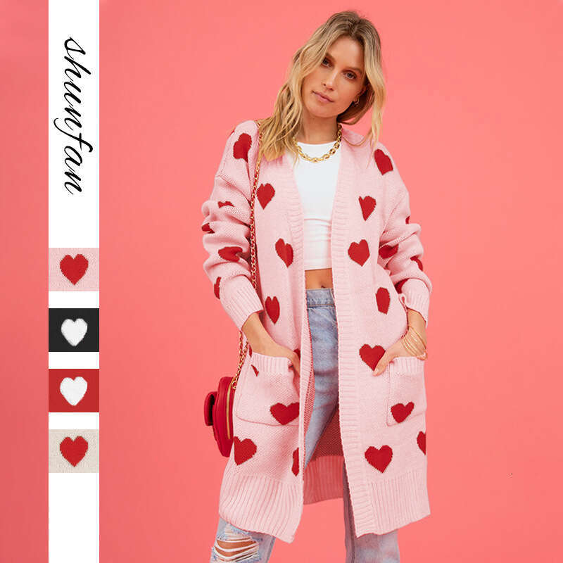 Women's New Valentine's Day Heart Pocket V-Neck Mid-Length Knitted Cardigan Jacket B5