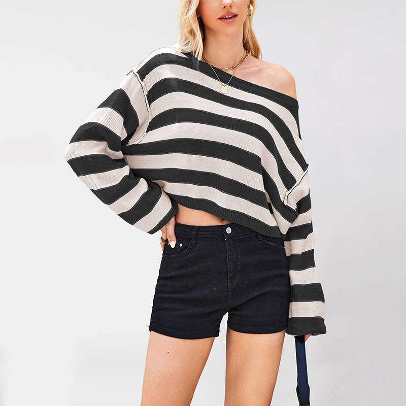 Autumn Winter Temu Women's Pullover Sweater Striped Loose Short Knitted Top B5