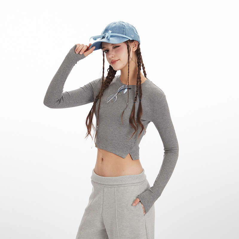 Spring And Autumn Hot Girl Sexy Slim Fit Slit Long Sleeve Women's Crop Top Short Tight Solid Color T-Shirt B5