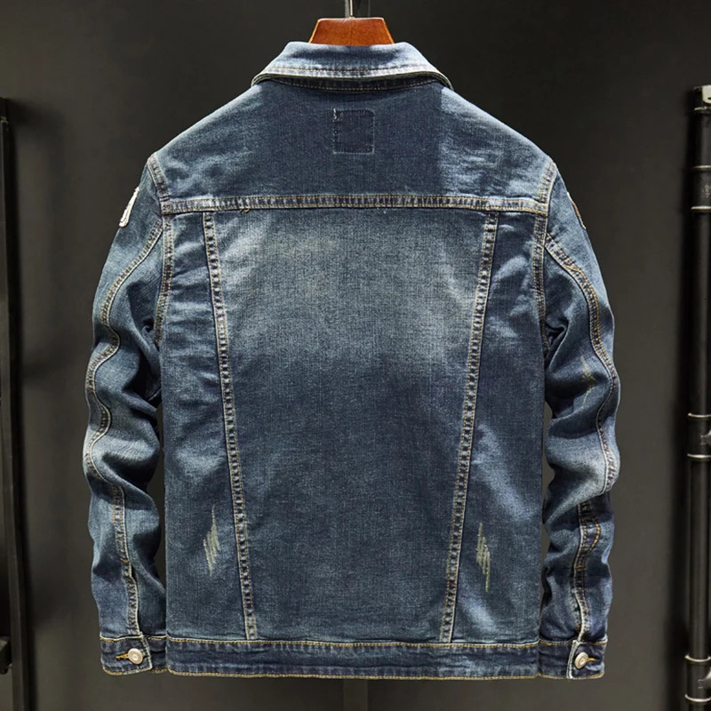Mens Badge Patches Blue Stretch Denim Jacket Streetwear Patchwork Jean Coat Ripped Outerwear 250809