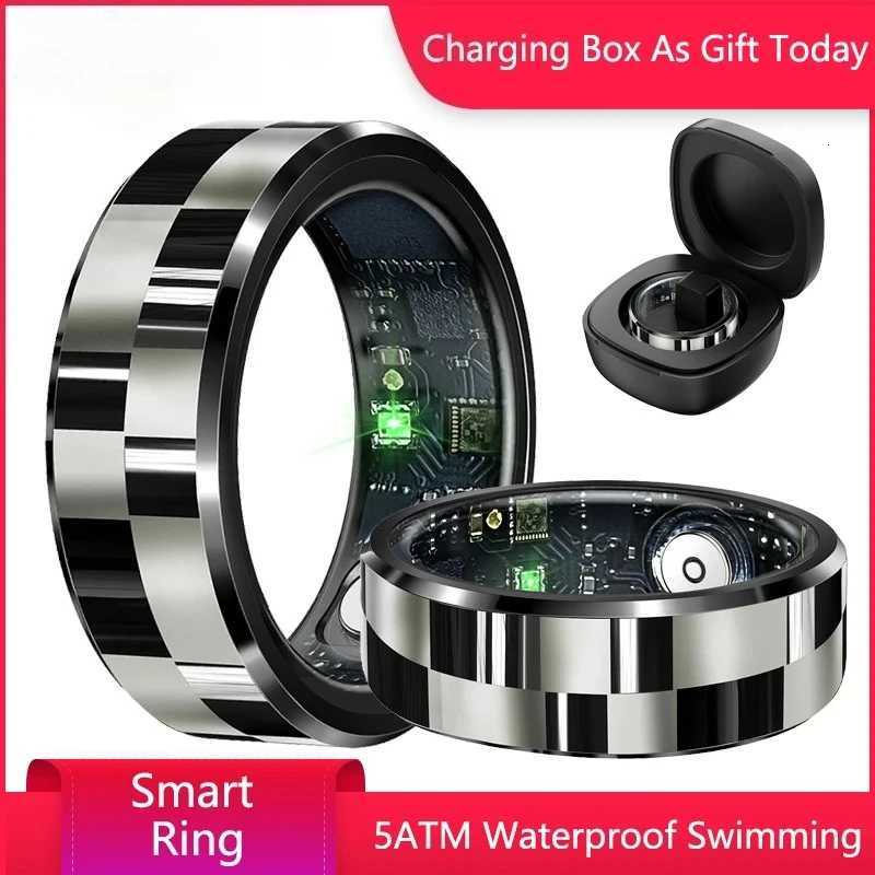 New R9 5ATM Waterproof Smart Ring Stainless Steel Health Monitor Fashion Luxury Smart Finger Ring for Men and Women with Charging Box as a Gift W25081