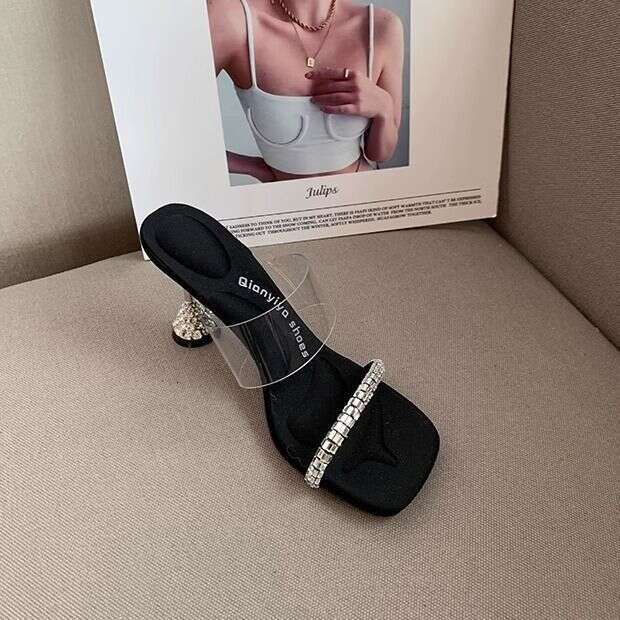 Black Transparent Shoe Rhinestone French Style Elegant High Heel Slippers Designer Shoes for Women Summer 2025 New Fashion Versatile Sandals