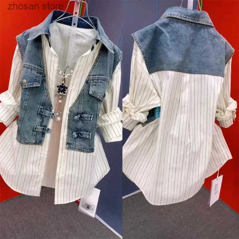 Fashion Striped Denim Jacket Women Spring Summer Plate Button Sense Stitching Waistcoat Shirt Chic Top 250228 S250819
