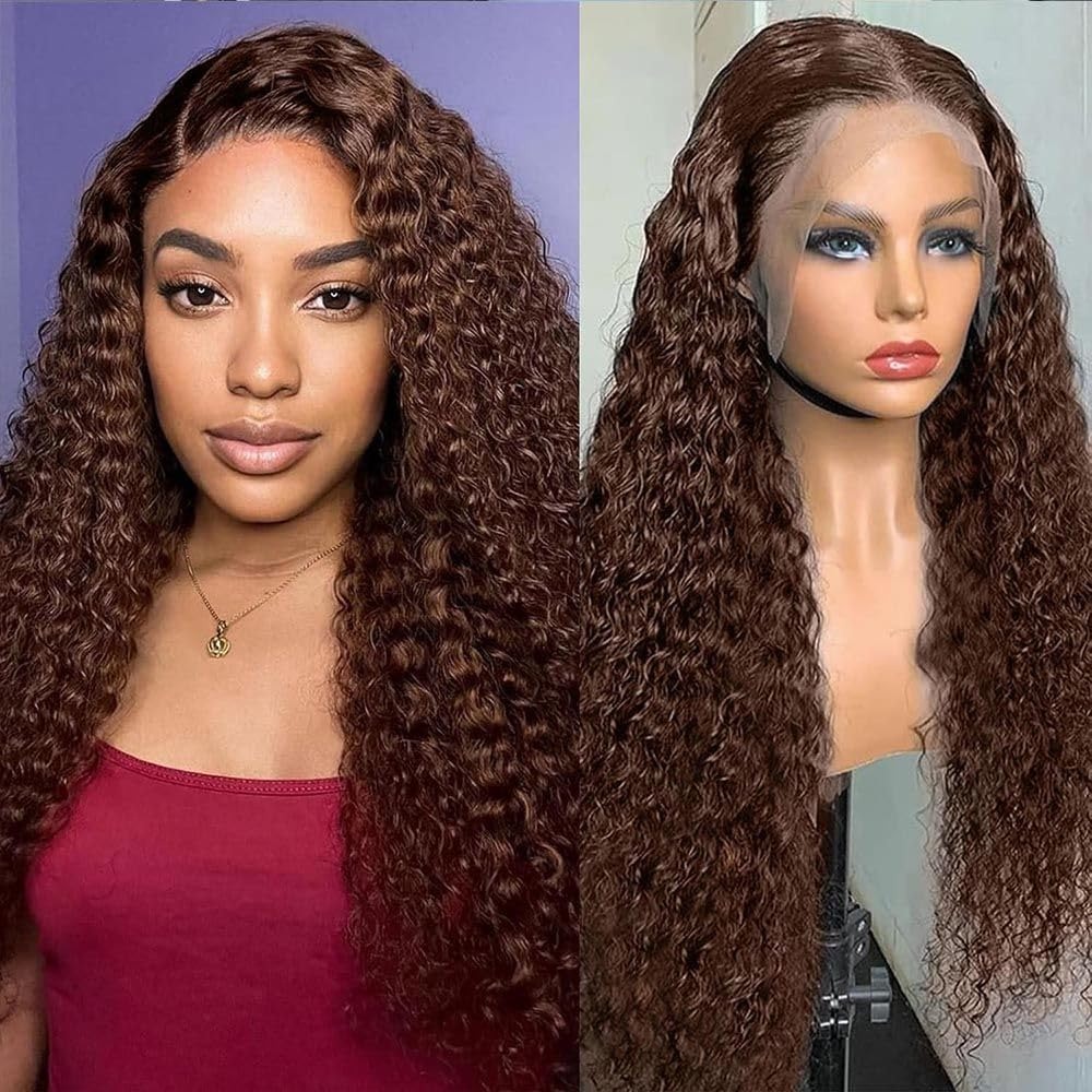 30 Inch Chocolate Brown Deep Wave Lace Front Wigs 220 Density 13x6 HD Lace Frontal Wig Curly Human Hair Pre Plucked Wig for Women Brown Glueless with 