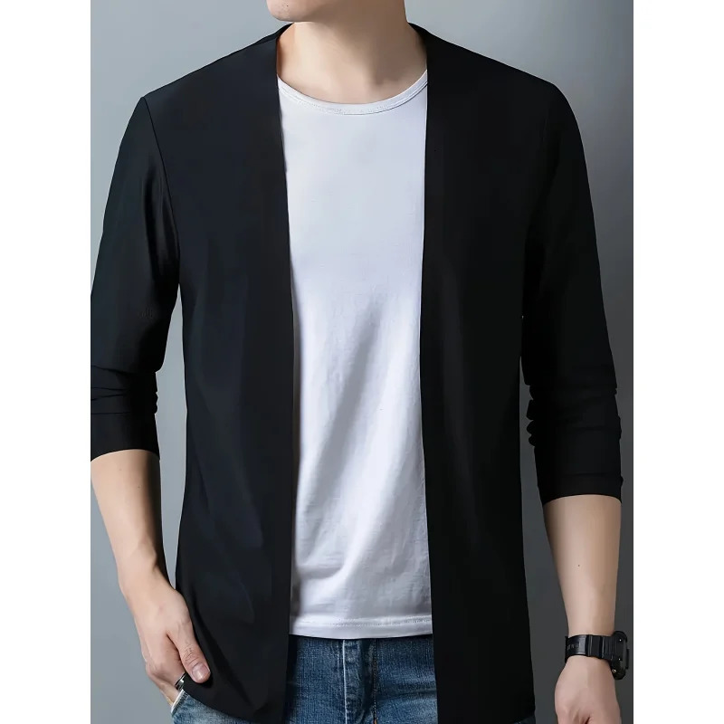 Longsleeved slim oxygen cotton Tshirt mens solid color casual cardigan collared fashion coat in spring and autumn 250819