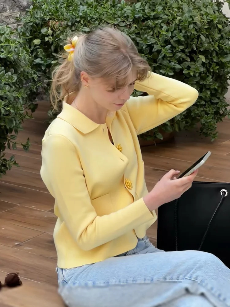 Flower Single Breasted Kntted Cardigans Women Loose Yellow Elegant Turndown Collar Sweaters Spring Casual Top Lady Coat 250819