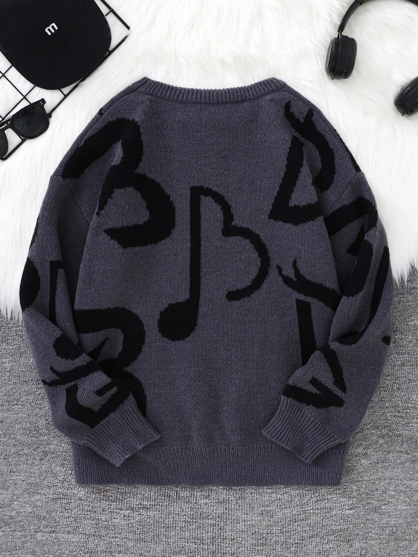 Autumn and Winter Letter Note Jacquard Pattern Pullover Sweater Casual Round Neck Contrast Color Knitted Mens 250819