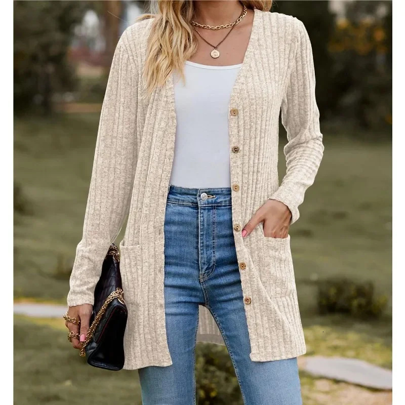 Autumn Womens Milled Pit Stripe VNeck Solid Colour Button Long Sleeve Ladies Casual Extensions Cardigan Jacket Coat 250819