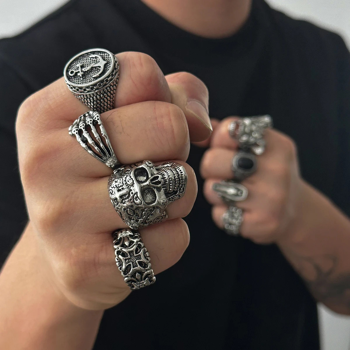 SHIXIN Gothic Skull Claw Cross Ring Set for Men Vintage Silver Color Adjustable Open Rings Male Punk Jewelry Finger Accessories 250815