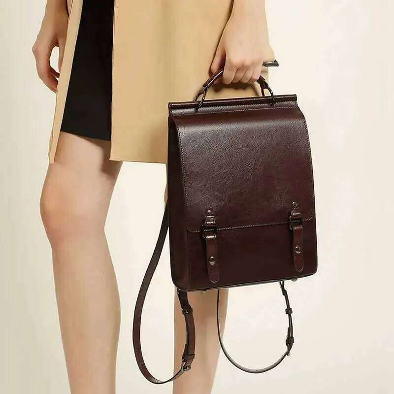 Genuine Leather Women Backpack Vintage College Style Student Back to School Cowhide Womens Bag Girls Computer