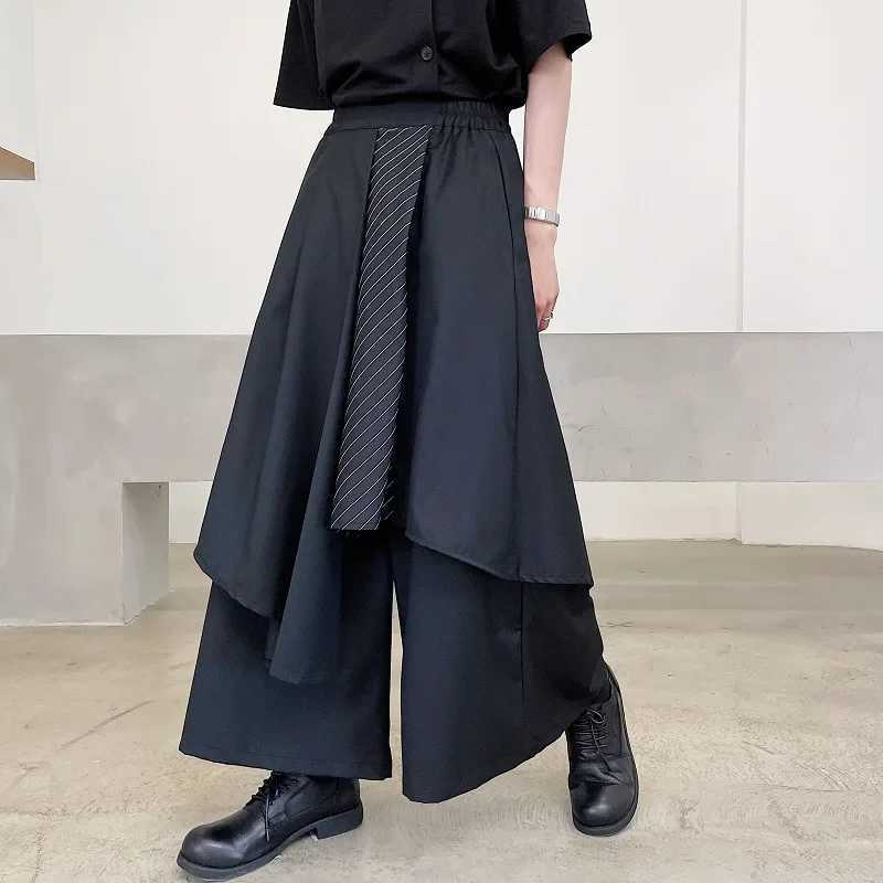 2024 Spring Mens Wide Leg Pants Striped Patchwork Streetwear Elastic Waist Irregular Skirts Trousers Loose Punk Black Pants W250819