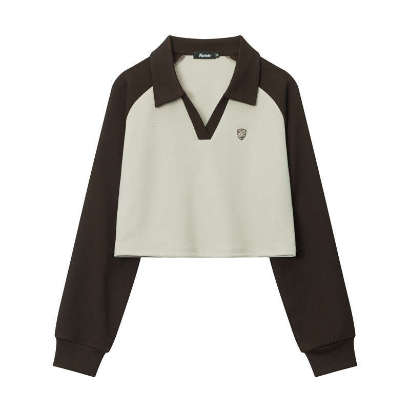 Spring New American Style Hot Girl Slim Fit Short T-Shirt Color Block V-Neck Long Sleeve Top For Women B5