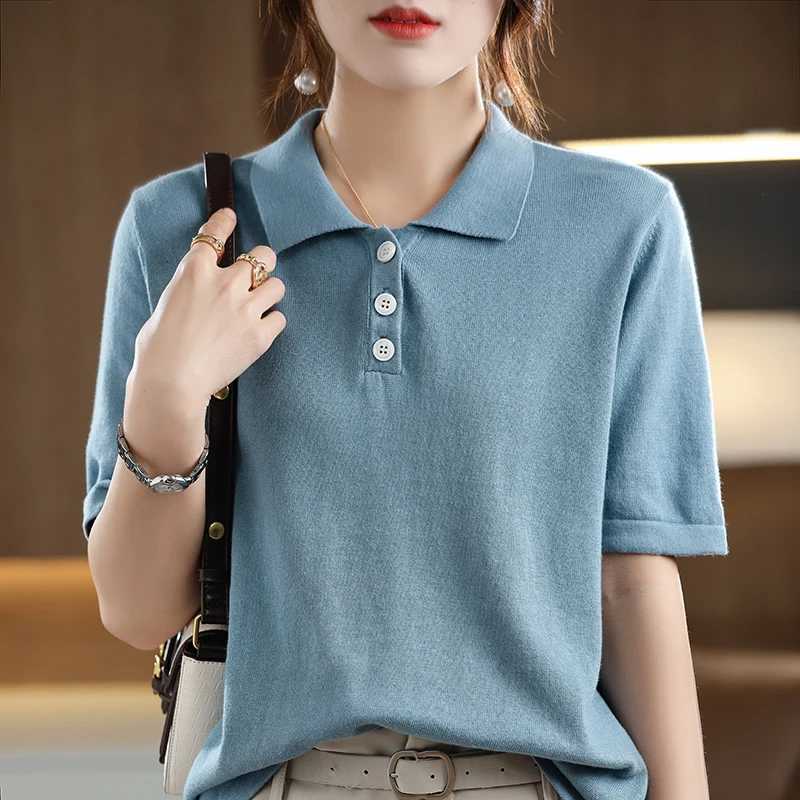 100% Cotton Summer Womens T-shirt Sweater Short Sleeve Casual Knitted Collar Womens Top Loose Pullover Button T-shirt XJ250819