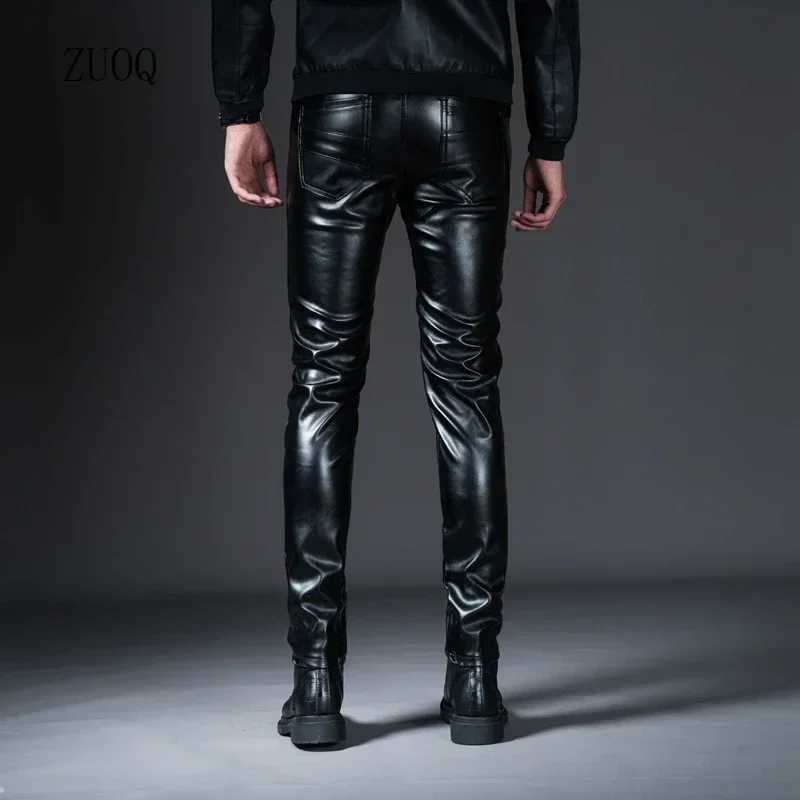 New Winter Mens Skinny Biker Leather Pants Fashion Faux Leather Motorcycle Trousers For Men Stage Club Wear W250819