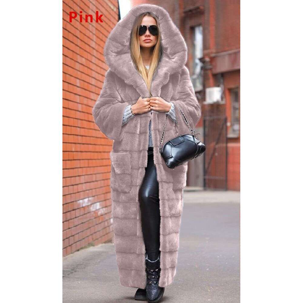 Women's clothing imitation fur hooded cotton thickened and lengthened plush women's coat windbreaker