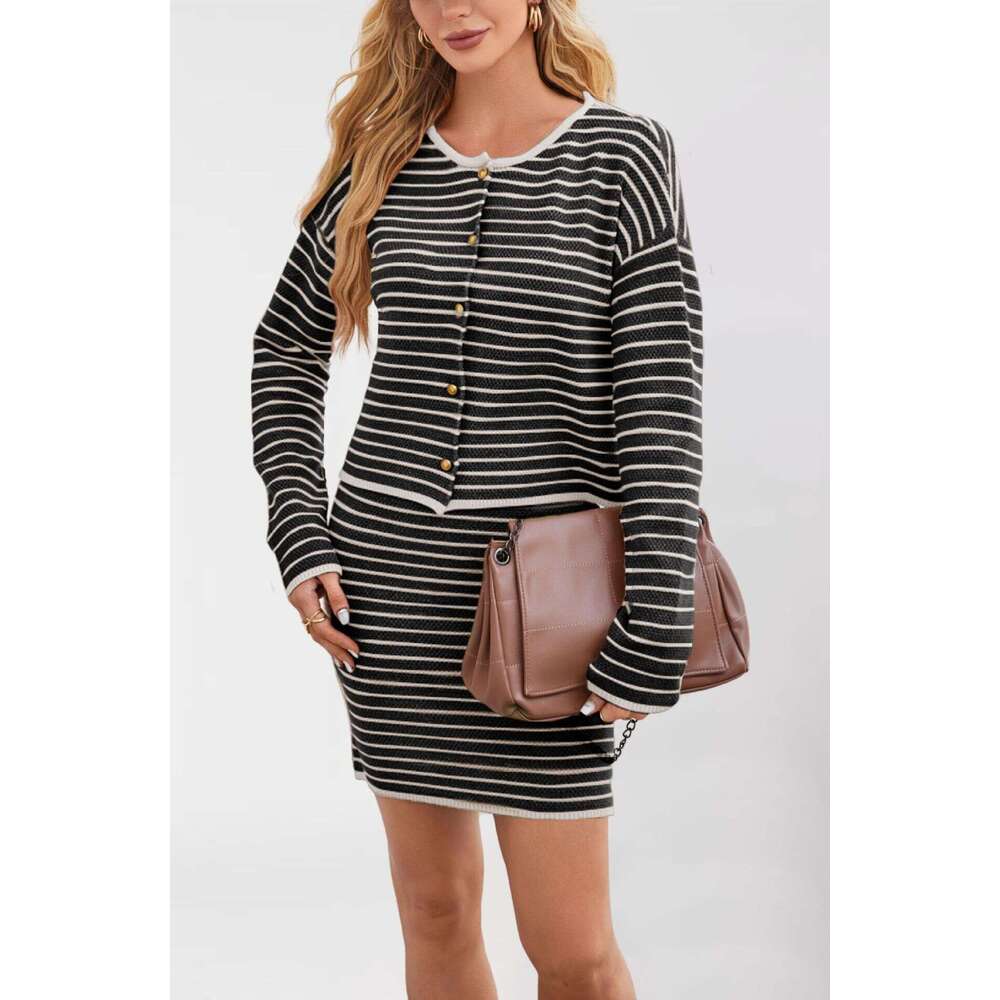 Autumn Winter New Knitted Striped Button Fashion Suit Dress Women's Clothing B5