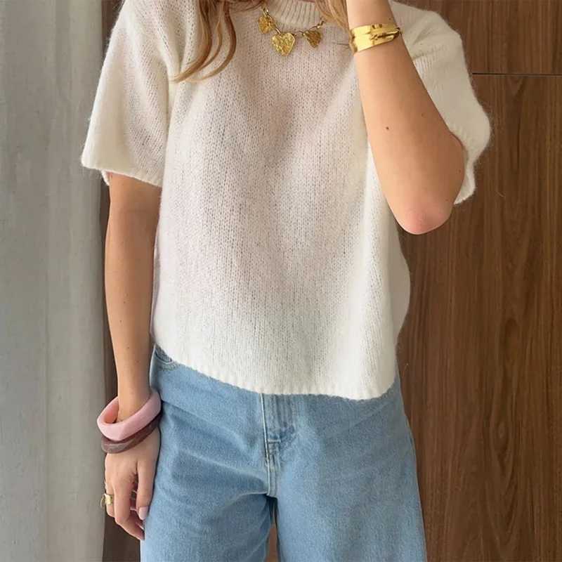 90s Vintage Womens Short Sve Knit Sweaters Y2k Crewneck Loose Oversized Knit Pullover Basic Sweater Jumper Tops Streetwear XJ250819