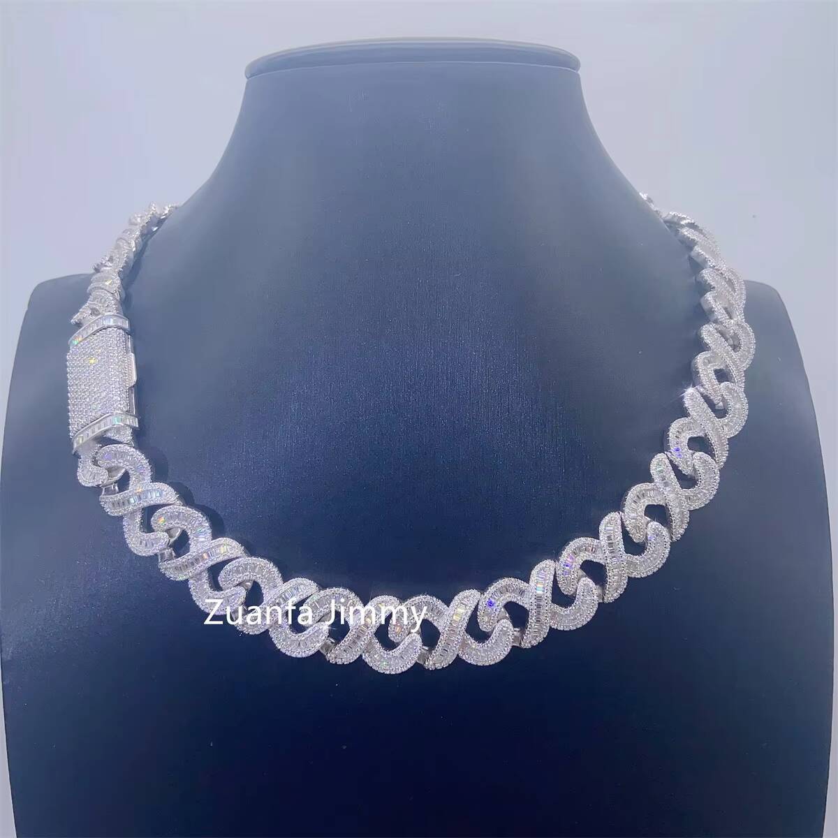 Customized 15mm Width 925 Sterling Silver White Gold Plated VVS1 Moissanite Diamond Baguette Cuban Link Chain Necklace Men