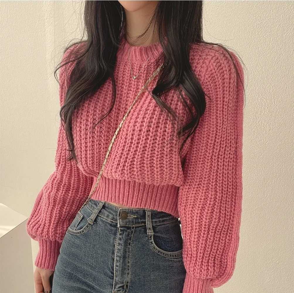 Korean Loose Long Sve Sweaters Fashion Women Harajuku Lantern Knit O-Neck Solid Basic Jumpers Autumn Winter Soft Warm Sweater XJ250819