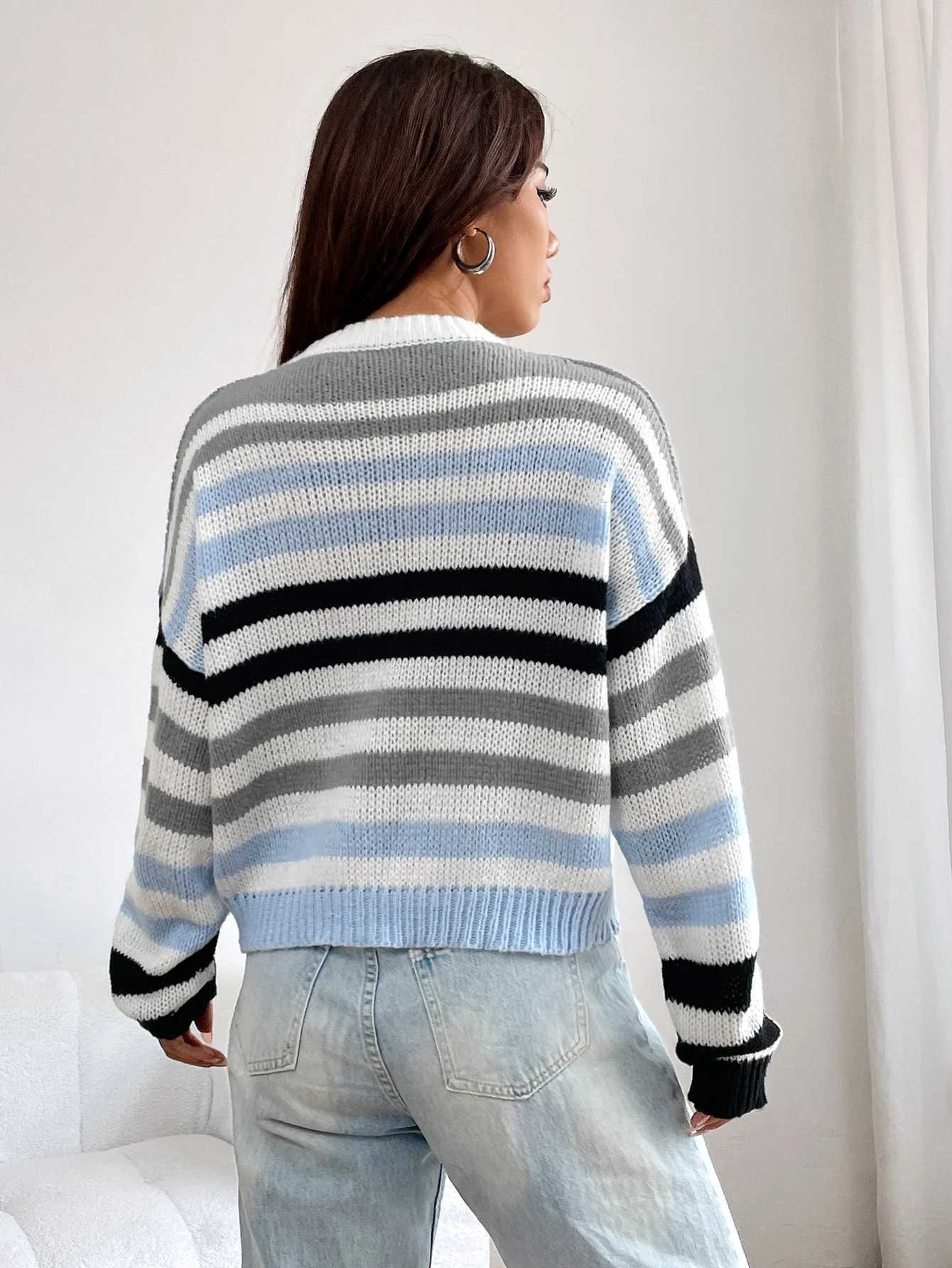 European and American fashion stripes matching color pullover autumn and winter womens sweater knitwear XJ250819