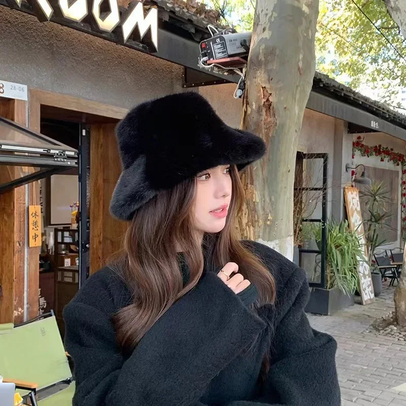 Fluffy Fur Fisherman Hat for Women Winter Plush Ear Protection Cap Solid Fashion Bucket Hat Windproof Warm Female Panama Caps 250819