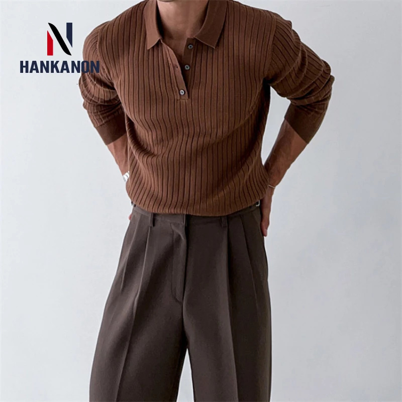 Striped Polo Shirt for Business and Casual Occasionsmen Breathable Stretchy Slim Knitted Pullover Long-sleeve Sweater 250818