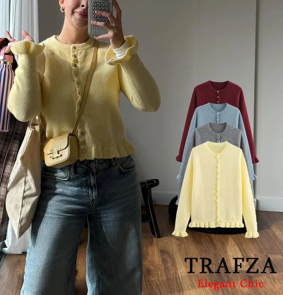 TRAFZA Women Elegant Knit Cardigan Yellow Petal Sleeve Sweater Spring Fashion Versatile Sweet Vibrant 250819