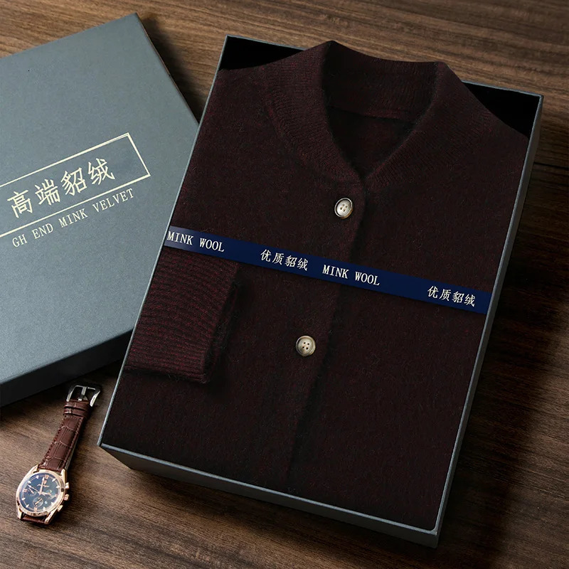 Autumn Winter Mens Loose Solid Color Sweater Mink Cashmere Cardigan Stand Up Collar Long Sleeved Casual Knit Jacket 250819