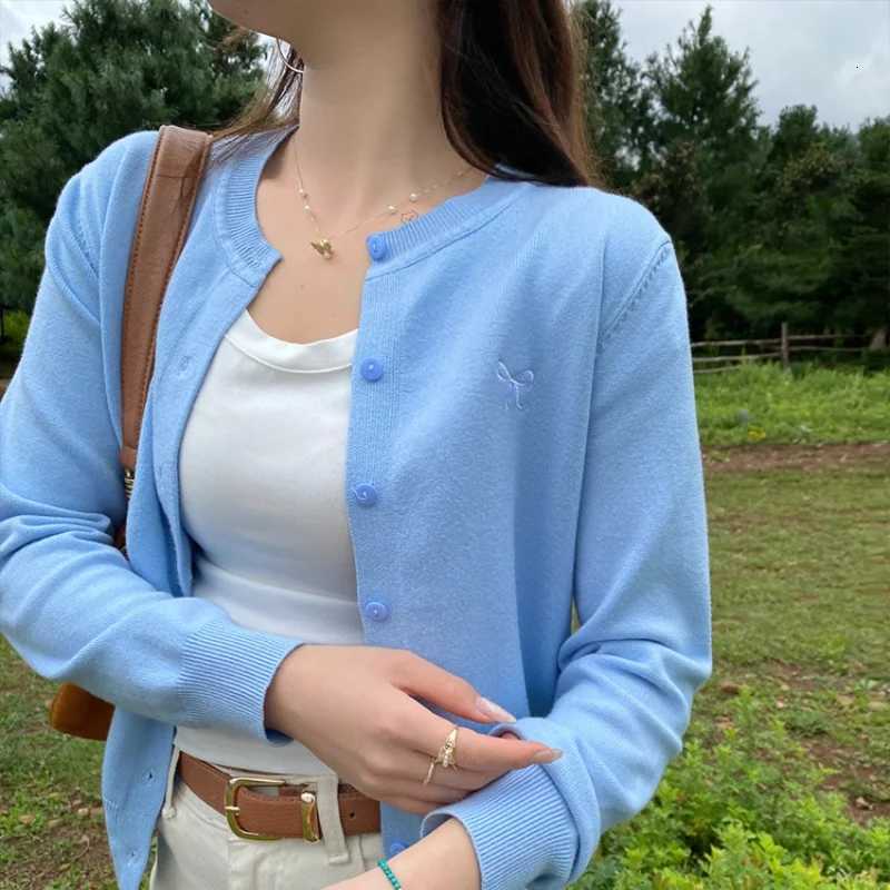 Korean Bow Embroidered Knitted Cardigan Women 2025 Autumn Winter Solid Full Sleeve Sweater Fashion O-Neck Single-Breasted Tops XJ250819