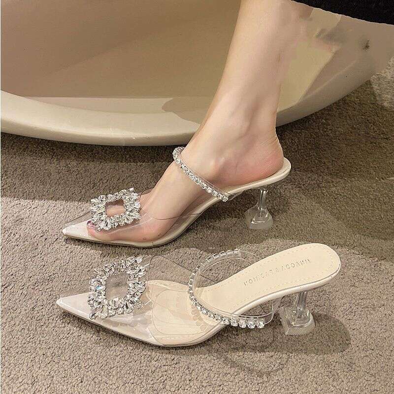 Shoe 35-42 Plus Size Designer Shoes Thin Slippers for Women 2025 Summer New Rhinestone Square Buckle High Heel Transparent Closed Toe Half Sandals