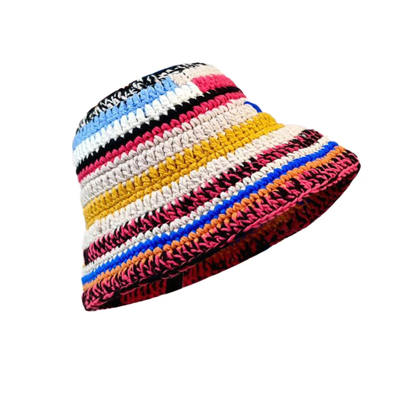 Autumn Winter Colored Handmade Striped Knitted Bucket Hats Versatile Crochet Thick Women Fisherman Hats 250819