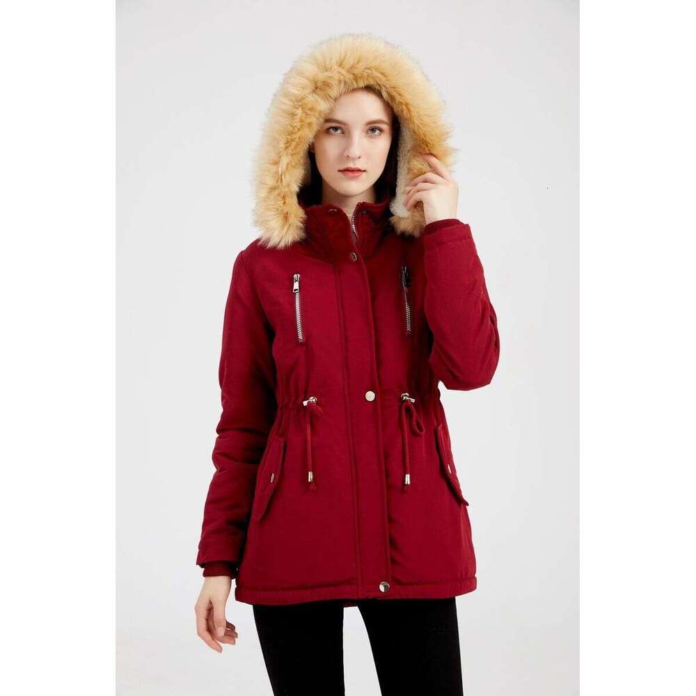 Women's lambswool cotton-padded jacket elastic waist detachable hood veet coat
