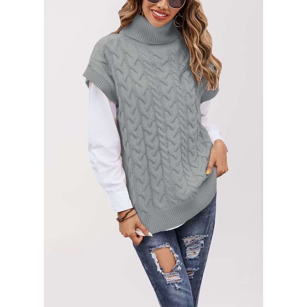 Autumn Winter New Temu Sleeveless Button Rope Vest Knitted Loose Pullover High Neck Sweater For Women B5