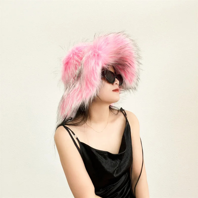 Pink Large Brim Womens Thickened Raccoon Fur Fisherman Hat Bucket Hat Hats For Women 250819