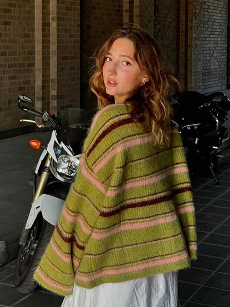 Elegant Stripe V Neck Women Sweater Single Breasted Loose Knitted Lady Cardigan Autumn Full Sleeve Female Coat 250819