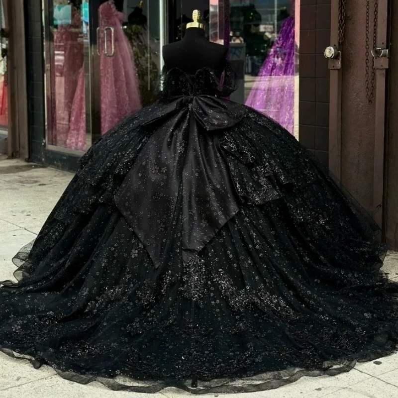 Black Shiny Quinceanera Dresses Ball Gowns Sequin Applique Beads Tulle Birthday Party Sweet 16 Dress Vestidos De 15 Anos