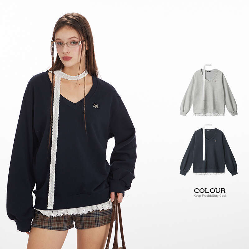 Fake Two-Piece Lace Patchwork Neck Scarf Design Top Women V-Neck Loose Sweatshirt Hot Girl Style B5