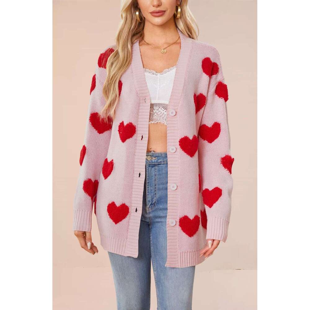 Women's New Fashion Temu Valentine's Day Heart Knitted Cardigan V-Neck Button Mid-Length Outerwear B5