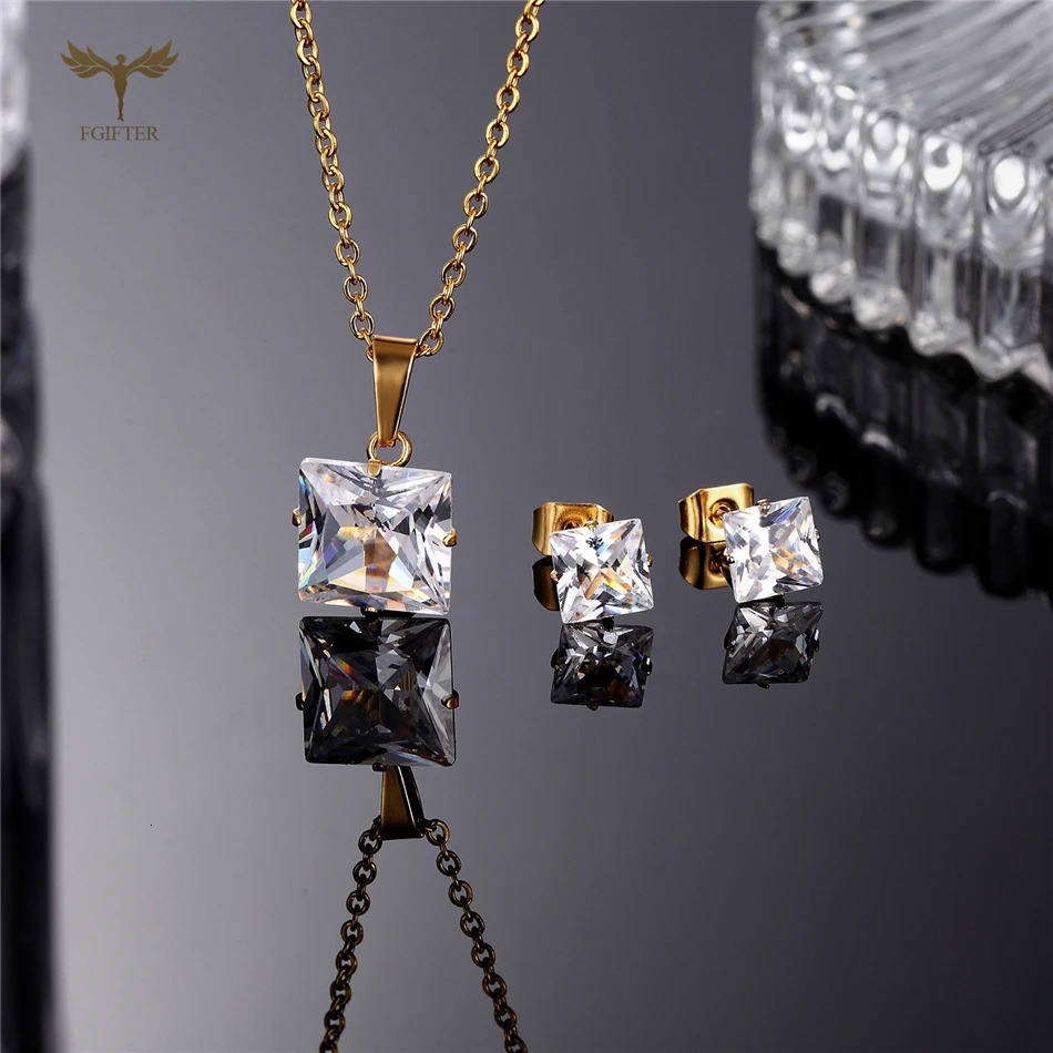 Geometric Zircon Stud Earrings Pendant Necklace Golden Stainless Steel Jewelry Set for Women Girls Accessories Christmas Gifts 250818