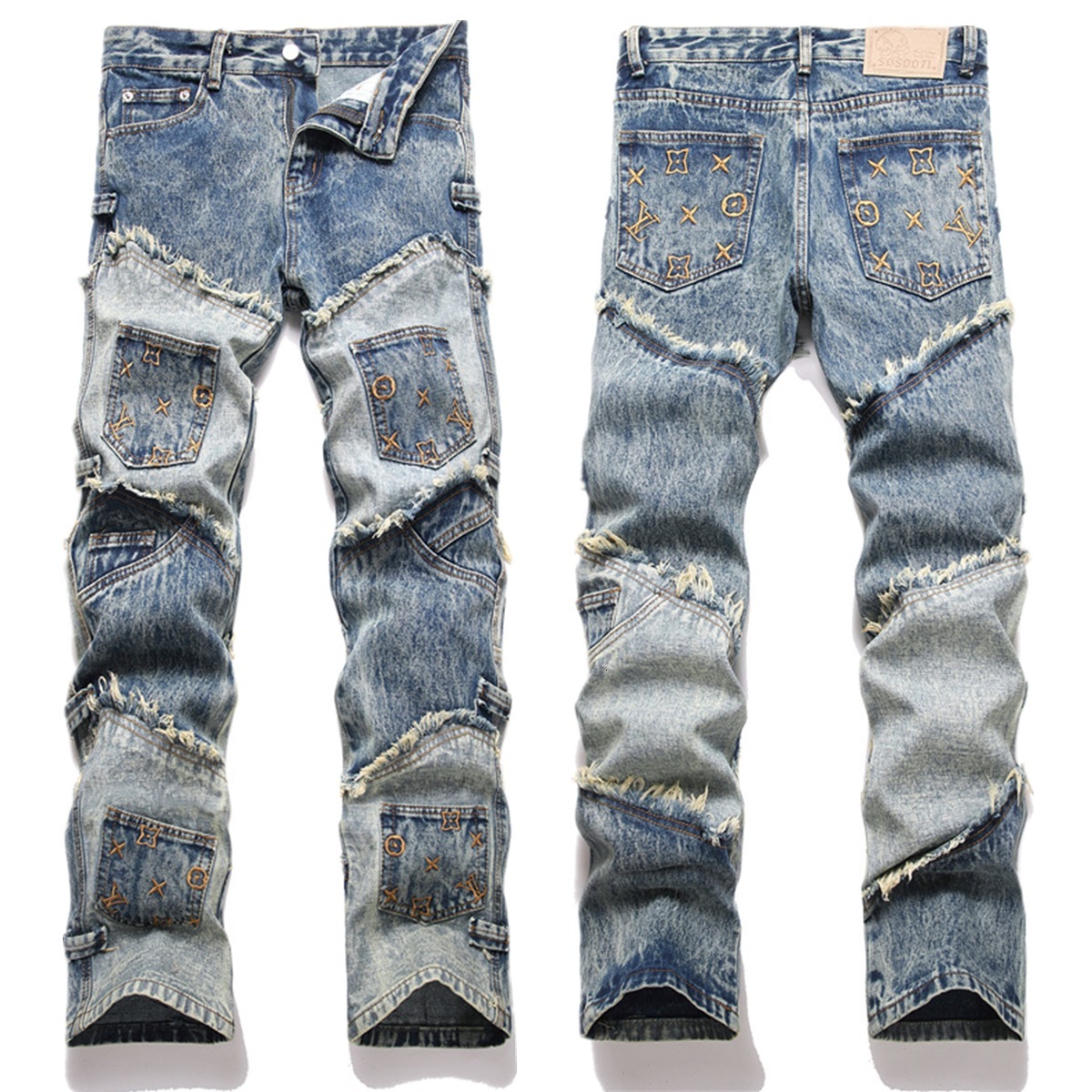 Free Shipping Designer European And American Style 2025 New Slim Fit Straight Leg Patch Embroidered Youth Blue Men's Flared Jeans
