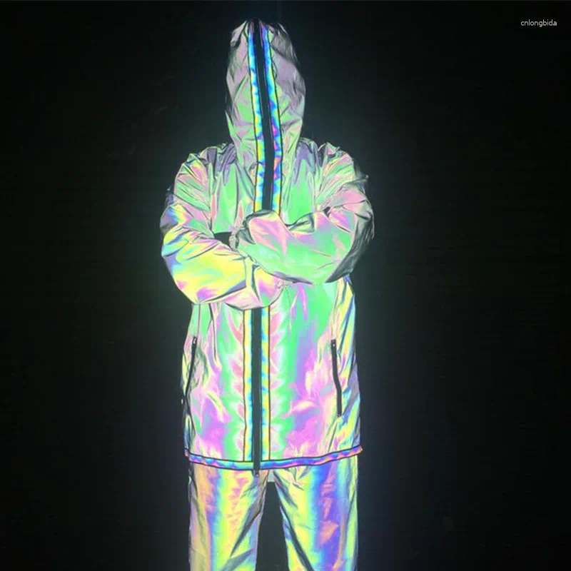 Men's Jackets Autumn Winter Men Colorful Reflective Long Coat Irregular Zipper Cloak Ribbon Patchwork Trench Windbreaker Gothic Clothes