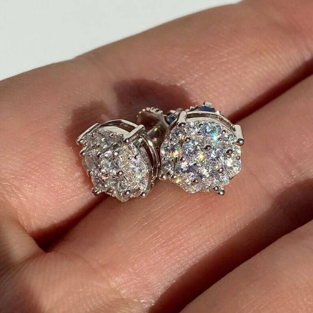 Screw Back Hip Hop Mens Cluster 925 Sterling Silver VVS Moissanite Stud Earrings