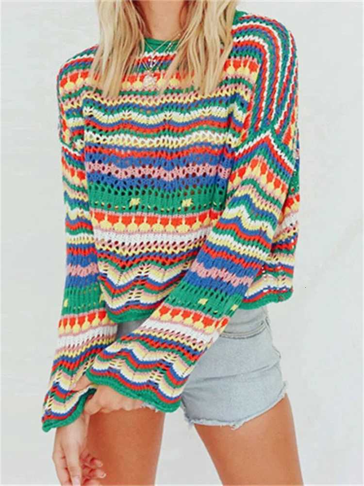 Women Sweater Colorful Hollow Out Crochet Knitted Tops Vintage Grunge Pullovers Y2K Knitwear Fe Jumpers Tops Cover Ups XJ250819